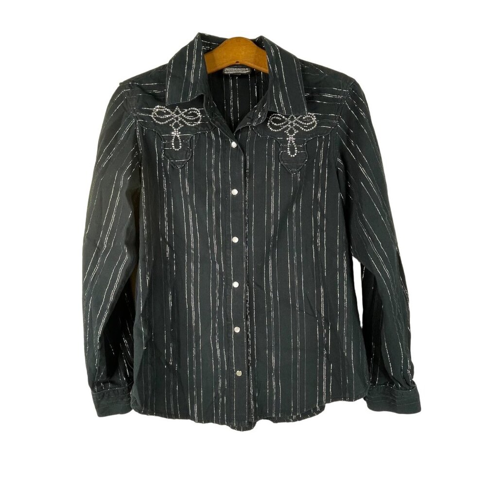 Rough Rider Shirt Snap Front Western Metallic Stripe Black Size Small Cowgirl